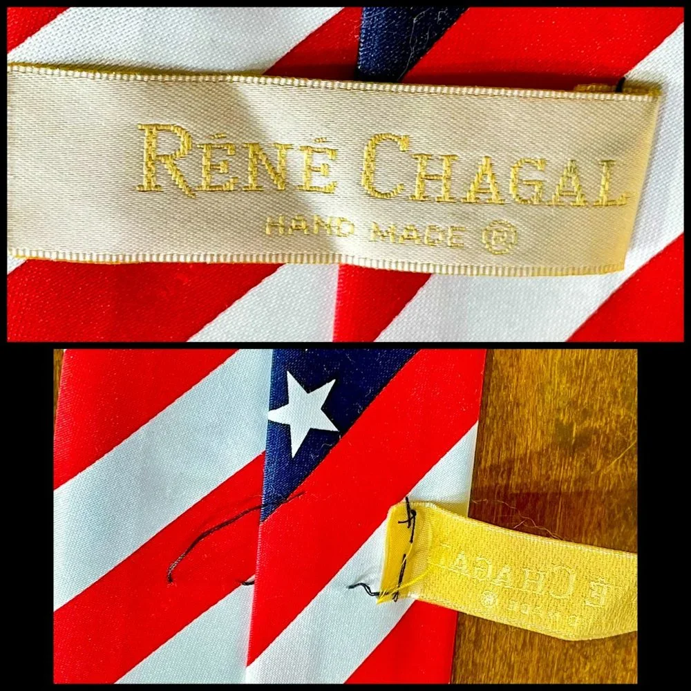 ⭐️HP⭐️VTG▪️RENE CHAGAL▪️Lot of 2 Handmade Patriotic American Flag Neckties